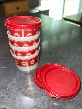 Tupperware Red and White Stacking Food Storage Cups with Lids